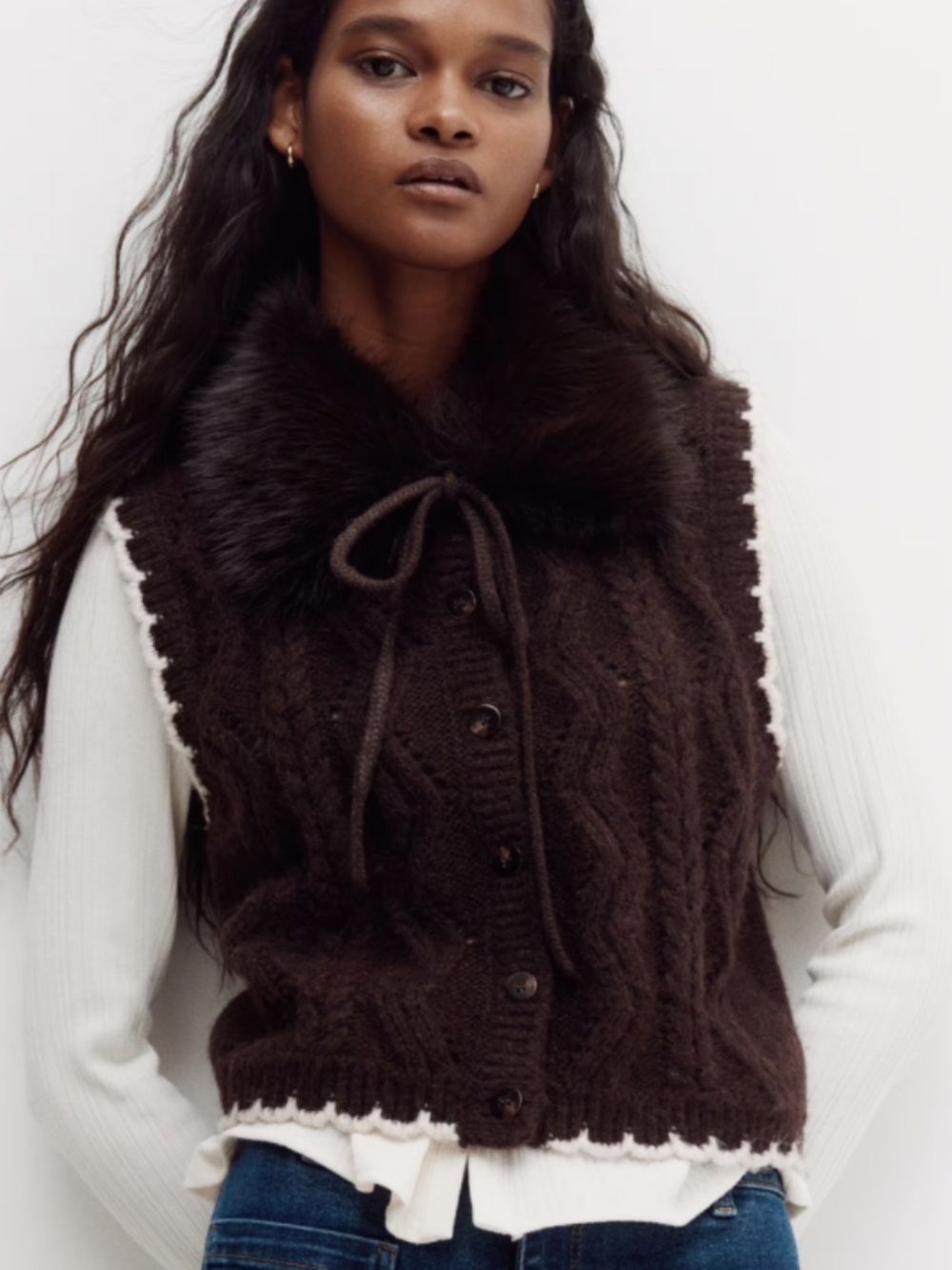 H&M Brown Cable Knit Vest with Faux-Fur Collar